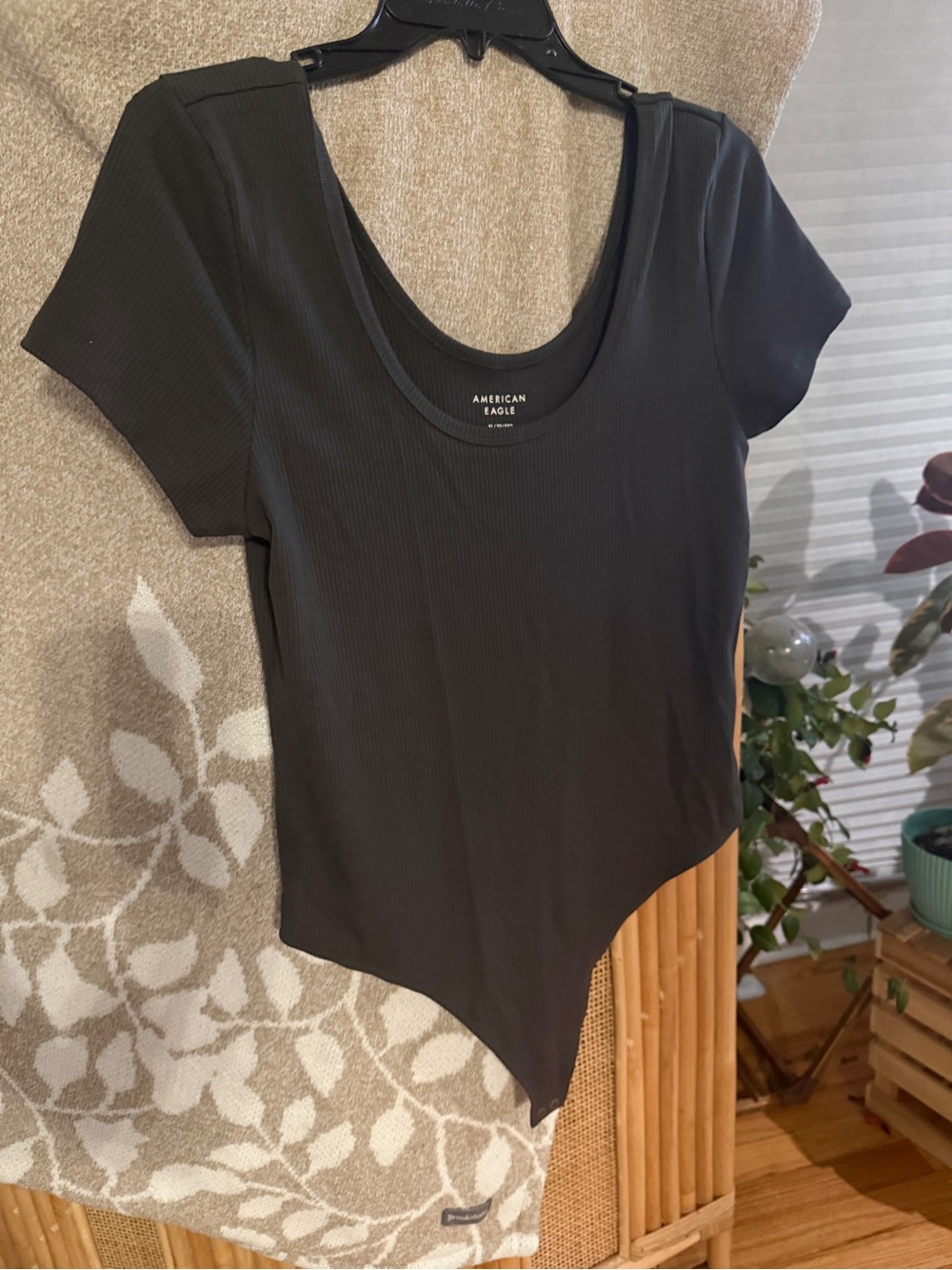 American Eagle Outfitters Charcoal Ribbed Scoop-Neck Short Sleeve Bodysuit